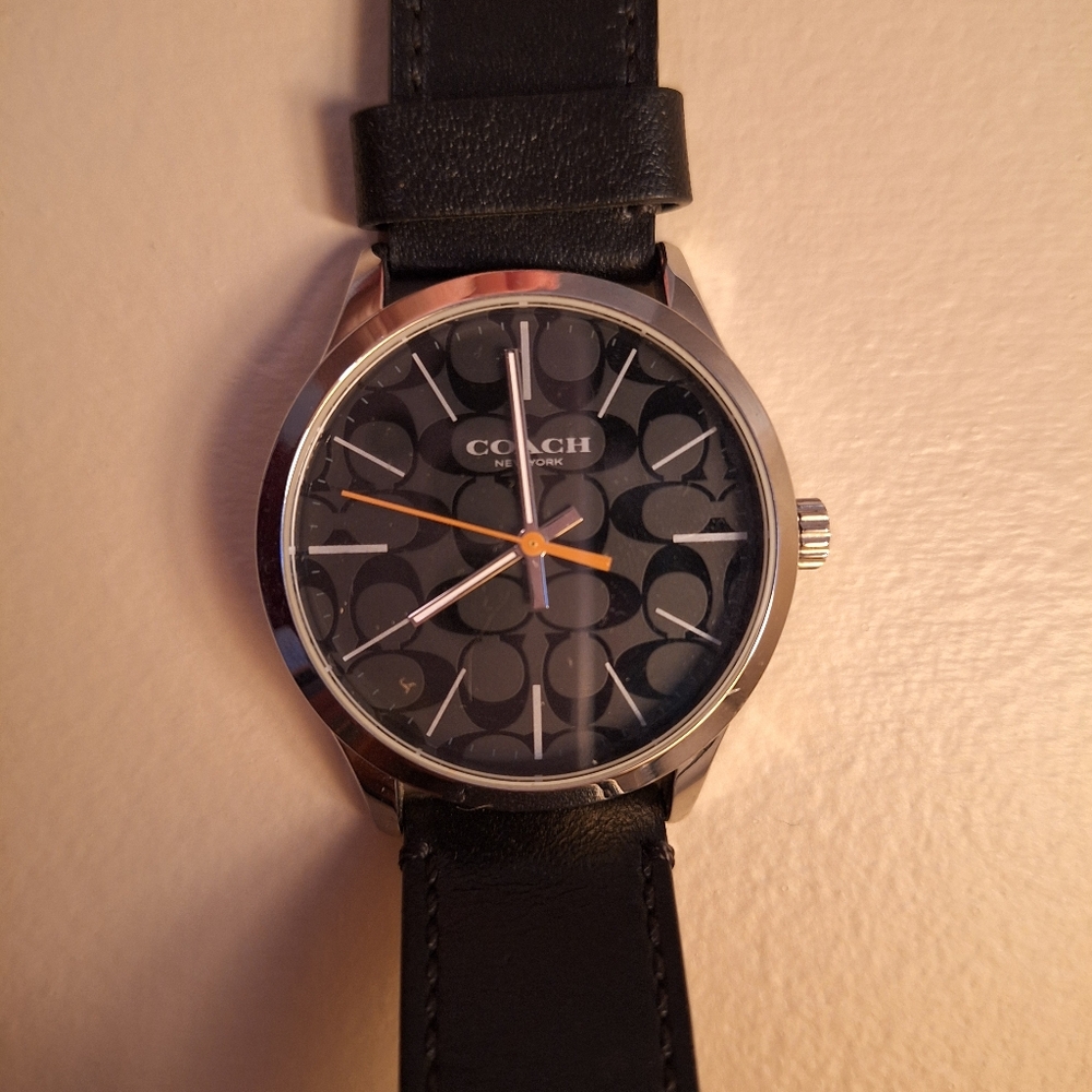 Coach Analog Watch with Black Genuine Leather Strap